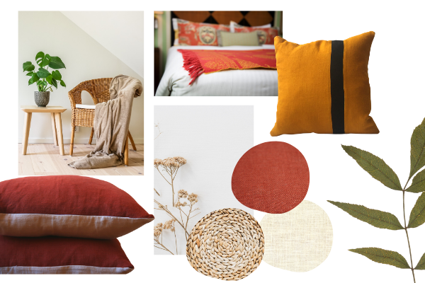 Collection of sustainable homeware trends - warm colours and cushions