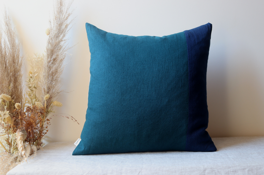 Basking shark colour block front of cushion bright blue and 1/4 navy blue