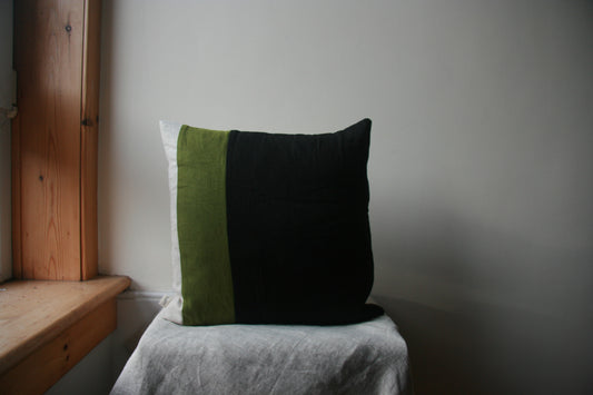Striped cushion cover. From L-R: narrow natural linen stripe, thicker green stripe, wide black stripe panel. 